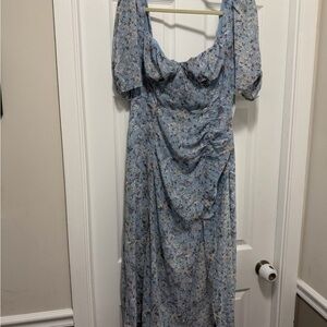 Astr Blue Floral Midi Dress with Puff Sleeves